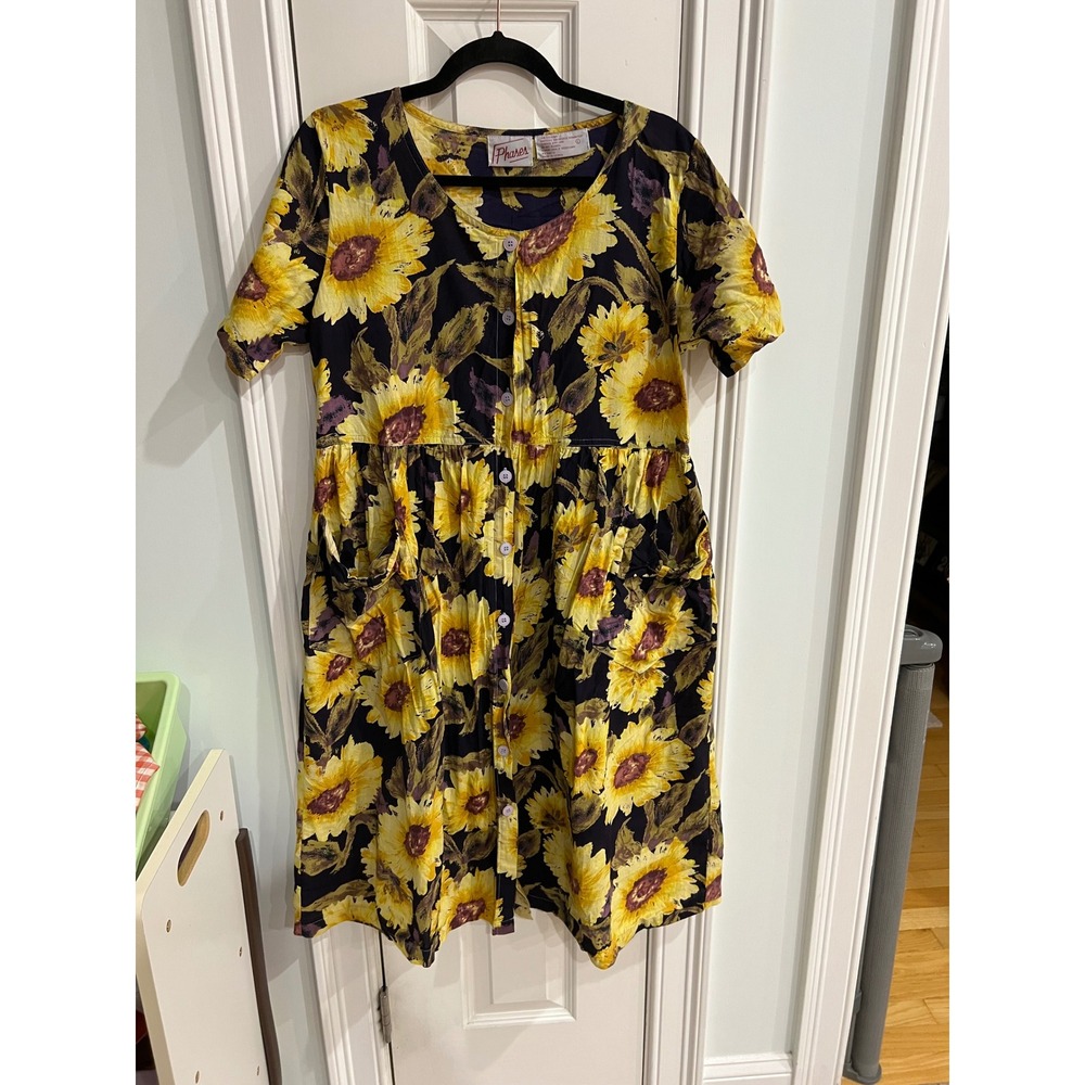 Vintage Phases Sunflower Print Cotton Button Front Midi Dress Yellow Navy Large